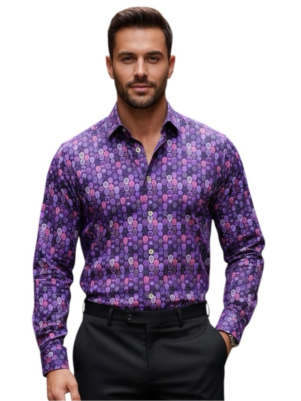 Men's Purple Skull-Pattern Button-Down Dress Shirt